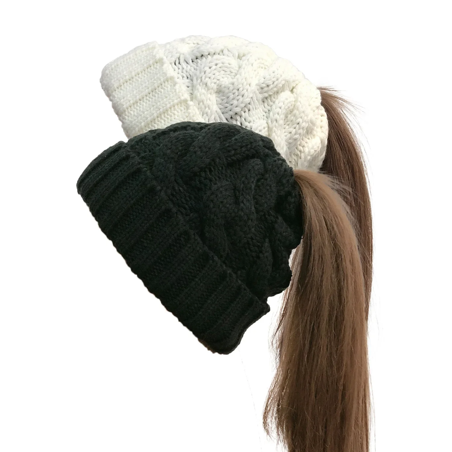 Women Winter Hats Beanies Knitted Girls Cap Twist Crochet Winter Hats For Female Pompom Beanie Ear Braid Ponytail Hat Skullies 2