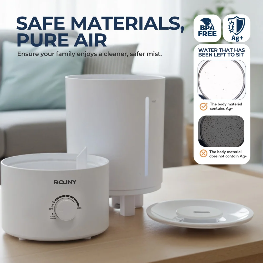 ROUNY Luftbefeuchter, 4 l Ultraschall-Luftbefeuchter mit niedrigem Wasserschutz, 360° ° Nebel, leise, BPA-frei, großes Fassungsvermögen, weiß – Detail 5
