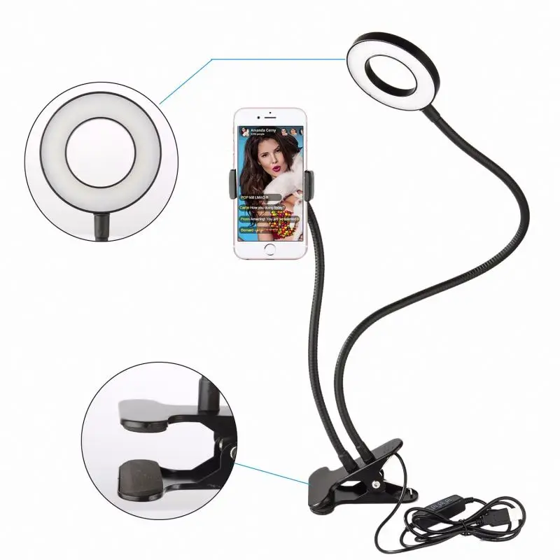 Modern USB Powered LED Ring Light with Phone Holder Clip Table Stand Live Stream Selfie Makeup Lamp for Bedroom