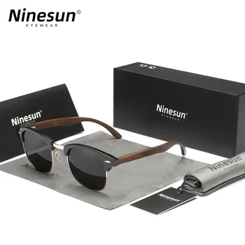 نظارات شمسية مستقطبة خشبية من Ninesun-walnet للرجال والنساء ، شبه بدون إطار ، حماية UV400 ، السفر في الهواء الطلق ، الرجعية