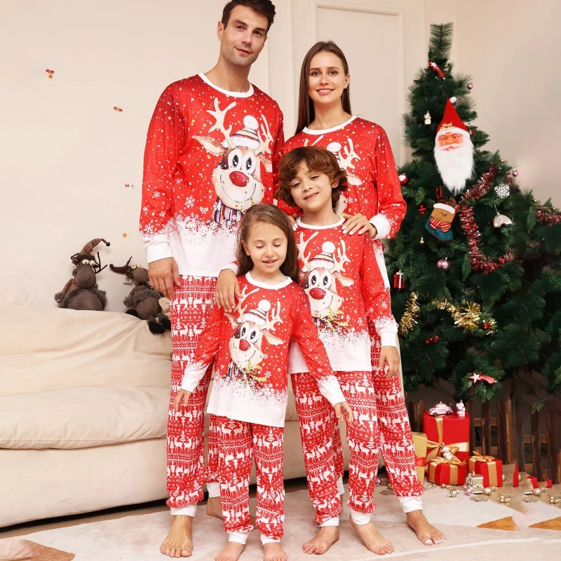 

Family Christmas Clothing Set Adults Kids Clothes Parent-child Pajamas Suit Xmas Moose Printed Family Matching Outfits Sleepwear