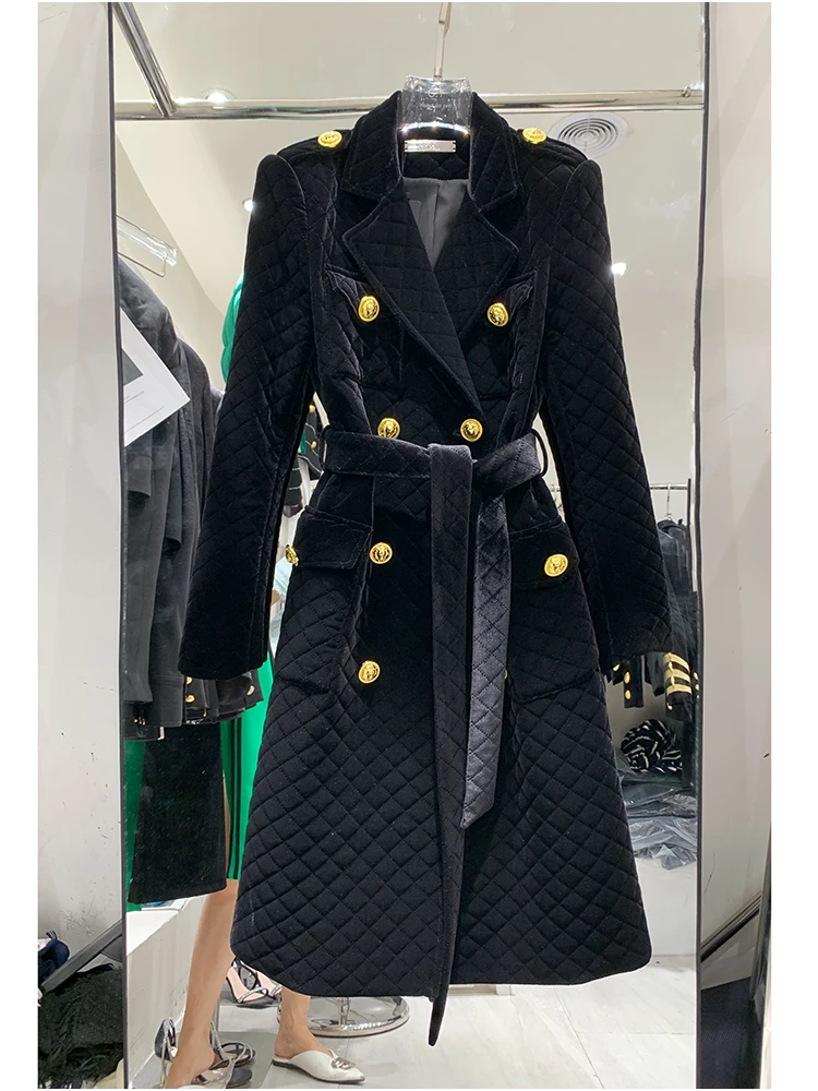 high-street-newest-fashion-2024-designer-overcoat-women's-double-breasted-plaid-belted-velvet-long-coat