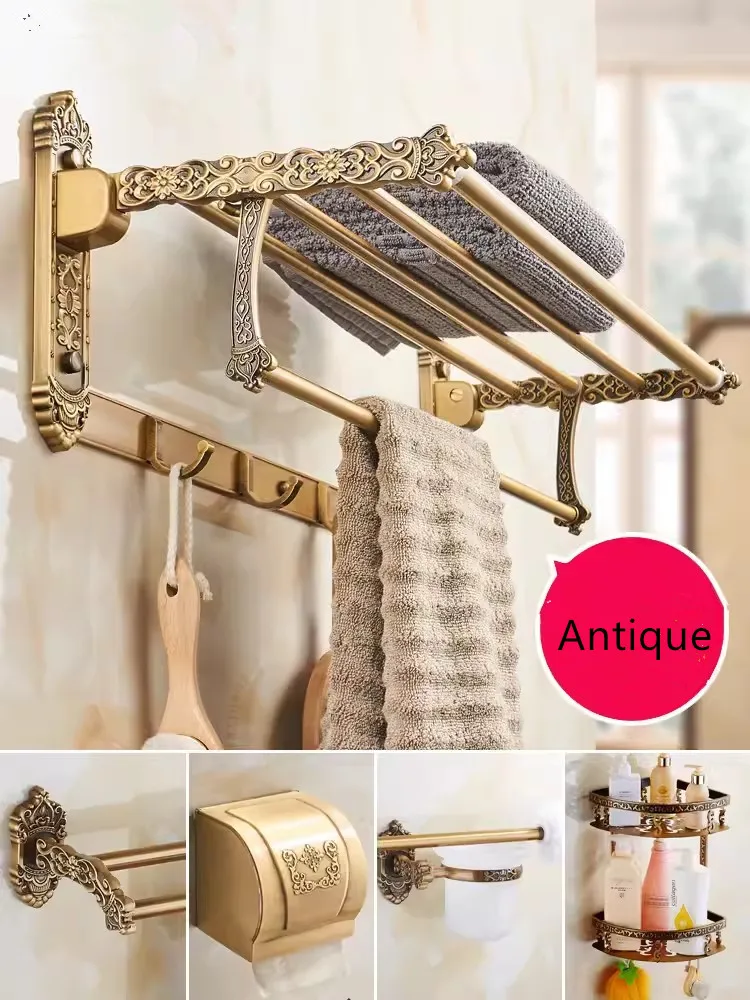 Antique Bronze Carved Bathroom Accessories Aluminum Bath Hardware Bathroom Shelf Towel Rack Paper holder Toilet Brush Holder