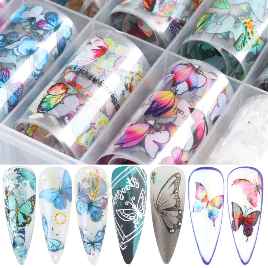 10 Roll 100x4cm Nail Foils Butterfly Series Nail Art Transfer Foil Decal Starry Paper Holographic Nails Stickers Decor NF1797 nail stickers nail art decoration nail decals