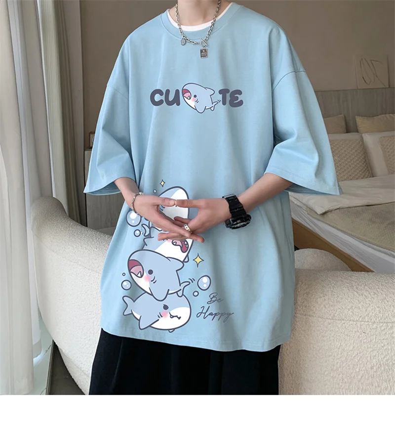 Men's Cotton T-shirts White Men Oversized T Shirt Anime Shark Print Summer Casual Wear 5XL Tee Shirts Big Size Male Clothes