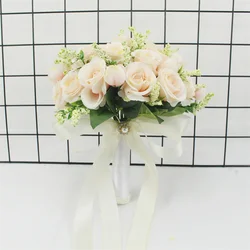 Elegant Pink Silk Rose Wedding Bouquet with Ribbon Accents (Champagne2)