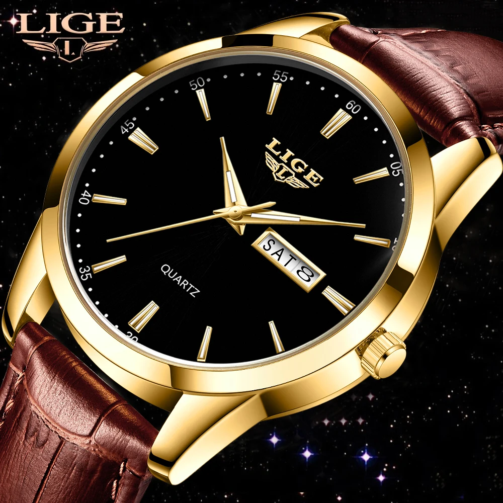LIGE New Men Watch Fashion High Quality Leather Watches Waterproof Luminous Week Date Top Brand Luxury Men Quartz Wristwatches