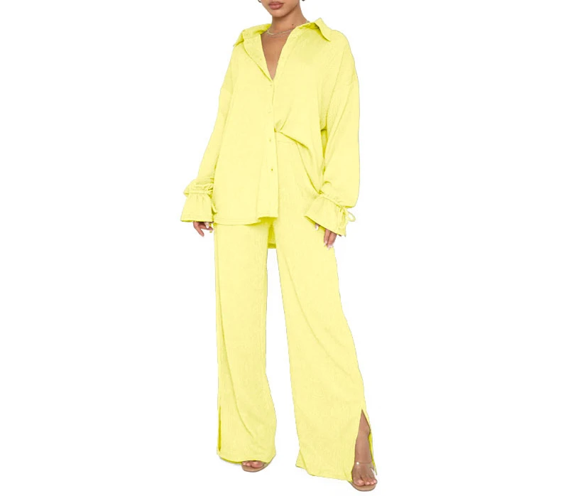 Autumn and Winter New Solid Collar Single Breasted Long Sleeve Tie Top Women's Fashion Pants Set Lady Top and Trousers Suit
