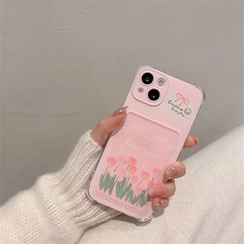 Adorable Heart & Floral Phone Case with Card Holder & Shockproof Protection