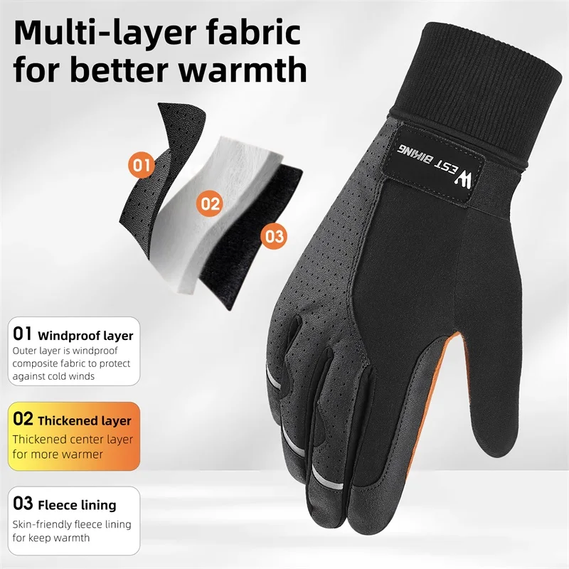 WEST BIKING Full Finger Protective Gloves Touch Screen Shockproof PU Leather Bike Gloves Thick Non-Slip Sports Safe Motor Gloves