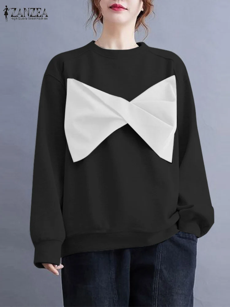ZANZEA Casua Harajuku Sweatshirts Color-Block Long Sleeve 2025 Spring O Neck Hoodies Women Large Bowknot Loose Pullover Tops 2