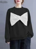 ZANZEA Casua Harajuku Sweatshirts Color-Block Long Sleeve 2025 Spring O Neck Hoodies Women Large Bowknot Loose Pullover Tops 2