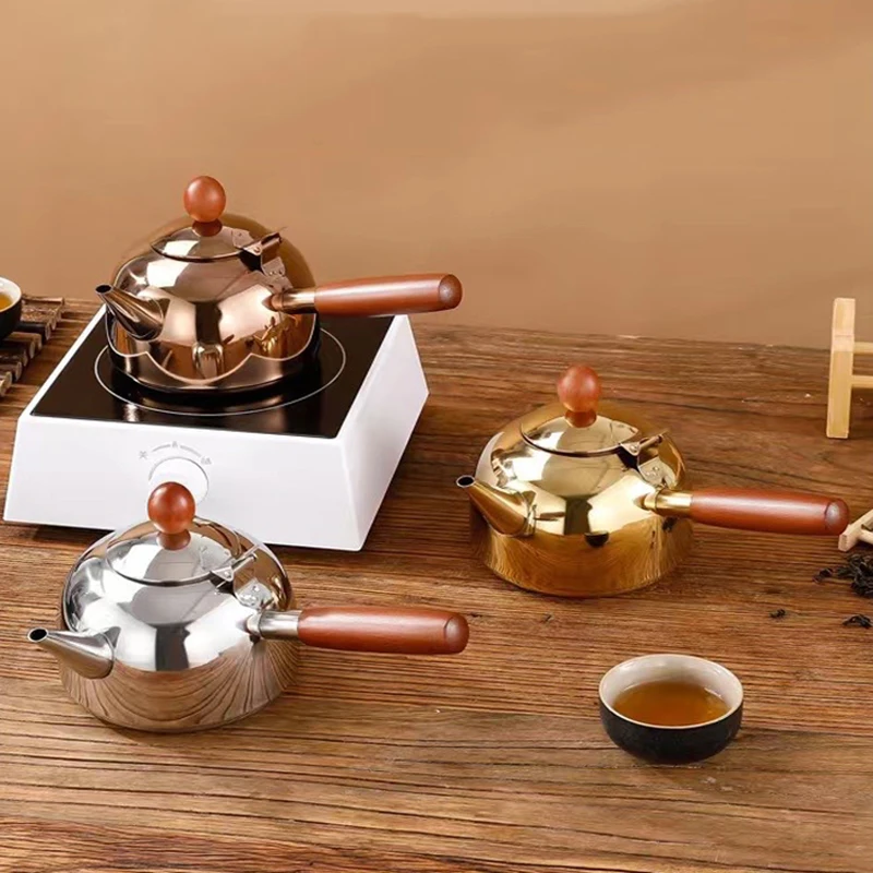 680ML Stainless Steel Teapot Wooden Side Handle Tea Pot Make Coffee Pot Boiling Kettle Suitable For All Stoves To Boil Water