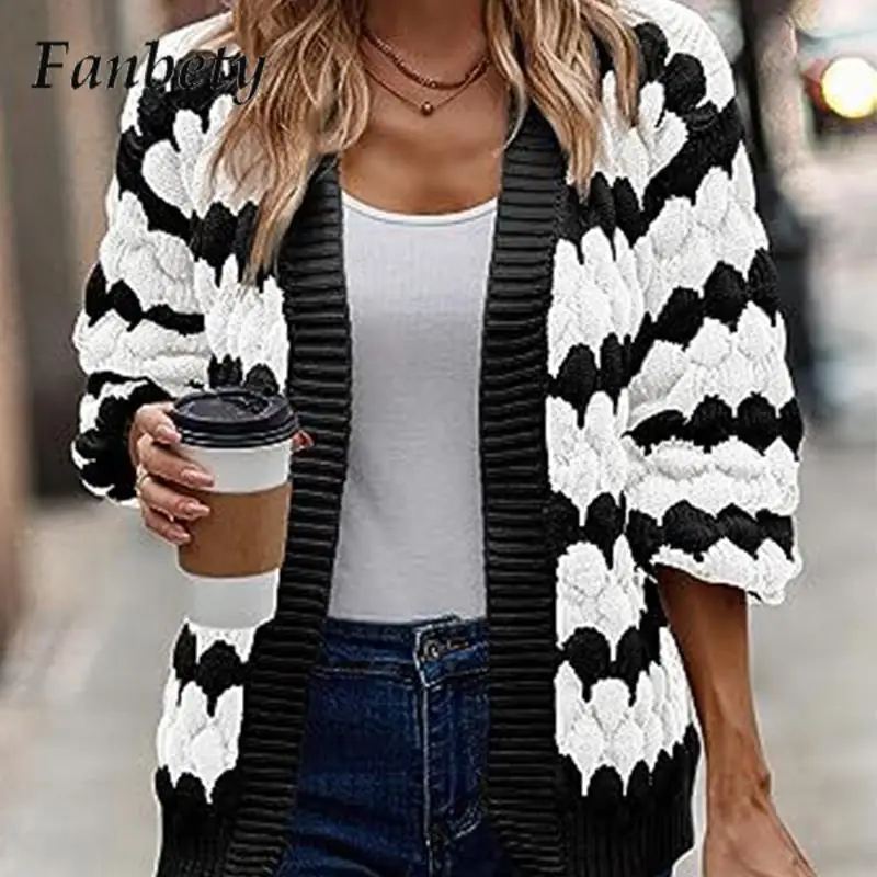 

Women Long-Sleeved Soft Commuter Knitted Sweater Top Fashion Soft Cardigan Sweater Autumn Winter Striped Jacquard Warm Sweater