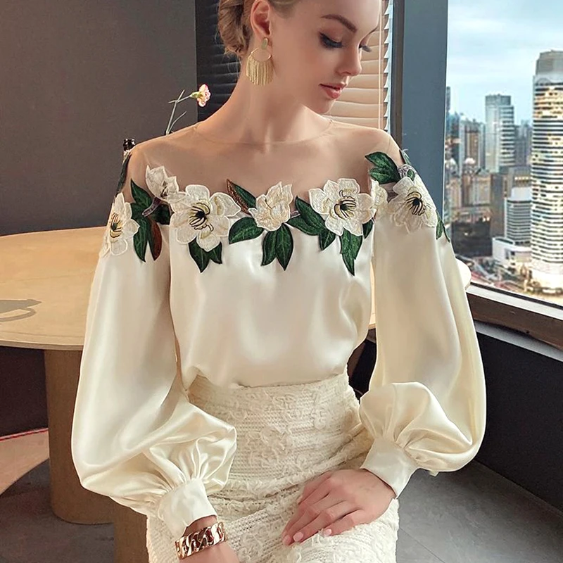 Embroidered Mesh Patchwork Blouse for Women