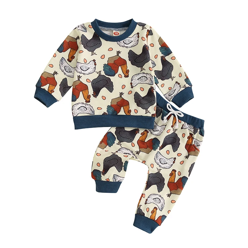 

Mama s sunshine Baby boy Clothes Fall Long Sleeve Chicken Print Sweatshirt Tops Pants Set 2Pcs Farm Outfits