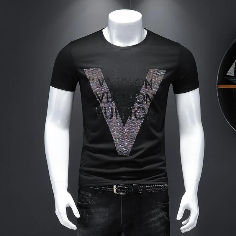 

BORUNKE New fashion Men's T-shirt Quality Tops Cotton Rhinestone 2023 Street Style Short-sleeve Male Clothes 24