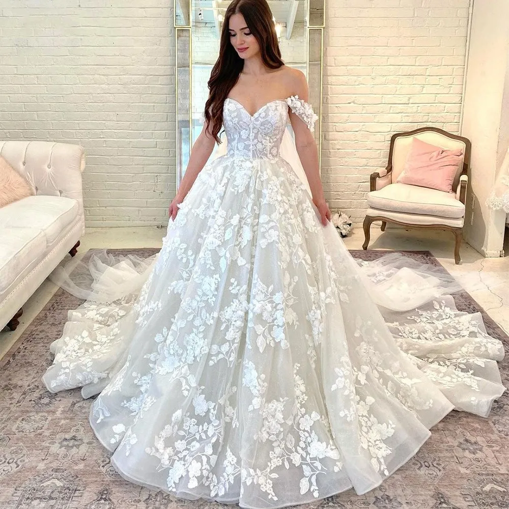 

Boho Wedding Dresses Off The Shoulder Lace Appliques 3D Flowers Wedding Gown Sweetheart Bridal Dress With Long Train Custom 2023