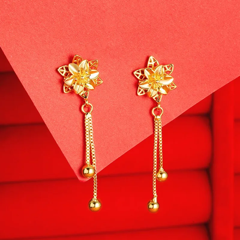 

Real 24K Yellow Gold Color Drop Earring for Women Bauhinia Earline Tassel Female Hollow Flower Earrings Fashion Long Earrings
