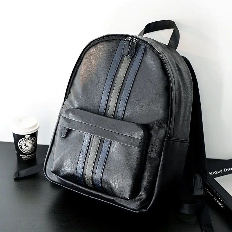 Fashion Design Men's Backpack Casual Striped Backpack Travel Laptop Bag Luxury PU Leather Back Pack High Capacity School Bags