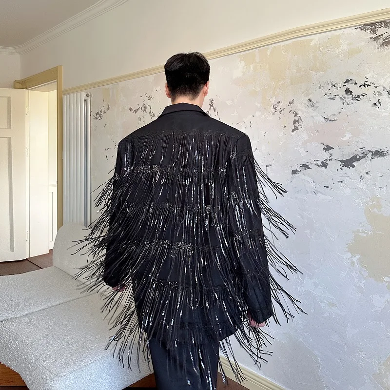 Chic Men's Blazer Jackets Glitter Tassel Fashion Oversized Suit Coat Stage Dance Singer Magician Party Personal Clothing