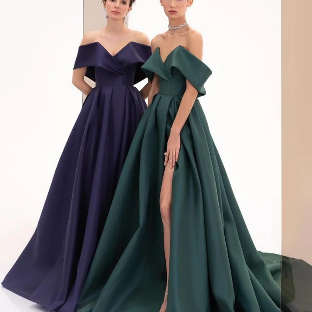 

Exquisite Off-the-shoulder A-line Prom Dresses Open back Taffeta Sweep/Brush Evening فساتين سهره فاخره vestidos de