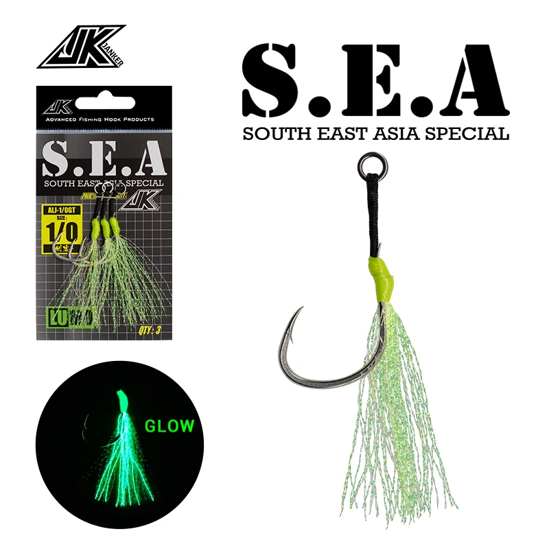 JK ALJ 1/0 2/0 3/0 4/0 Assist Hooks Barbed Single Jigging Saltwater Fishhooks With Glow Feather