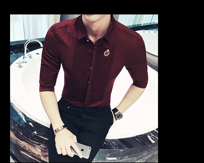Shirts Men Short Sleeve Dress Summer Fashion Camisa Social Masculina Slim Fit Wine Red White Black