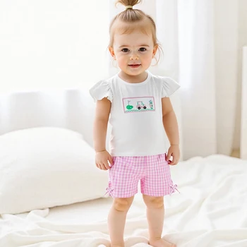 Adorable Infant Girl Tennis Ensemble with Cute Ruffle Sleeve Top and Checkered Shorts Adorned with Bows - 2 Piece Set 2