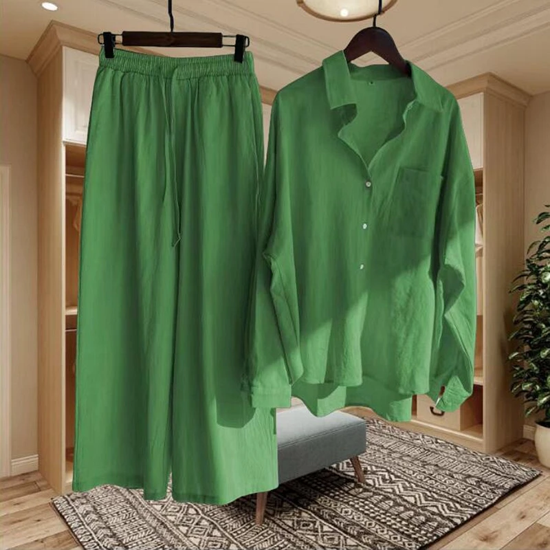 

Женский комплект из 2 предметов, элегантный повседневный комплект большого размера из хлопка и льна с блузкой и брюками, лето 2023