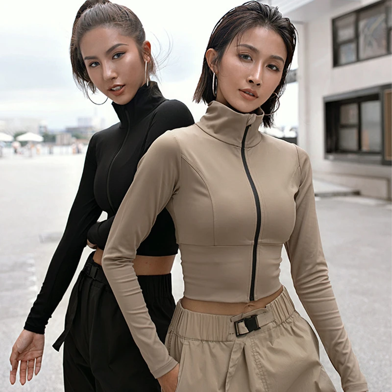 

Women Sport Jackets Sexy Crop Tops Zipper Yoga Coat Clothes Fitness Running Jacket Long Sleeve Sportwear Gym Workout Tops Female