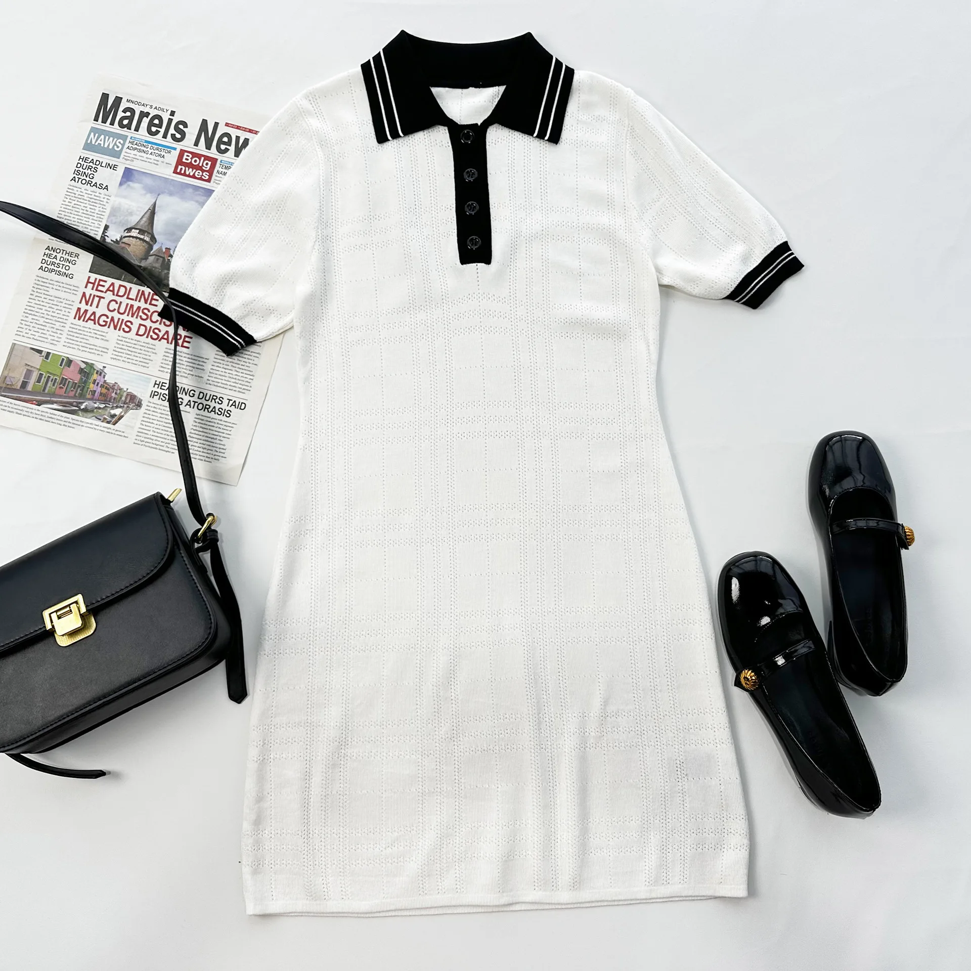 

Women Silk Hollow-out Polo Shirt Mini Dress 2023 New In High Quality