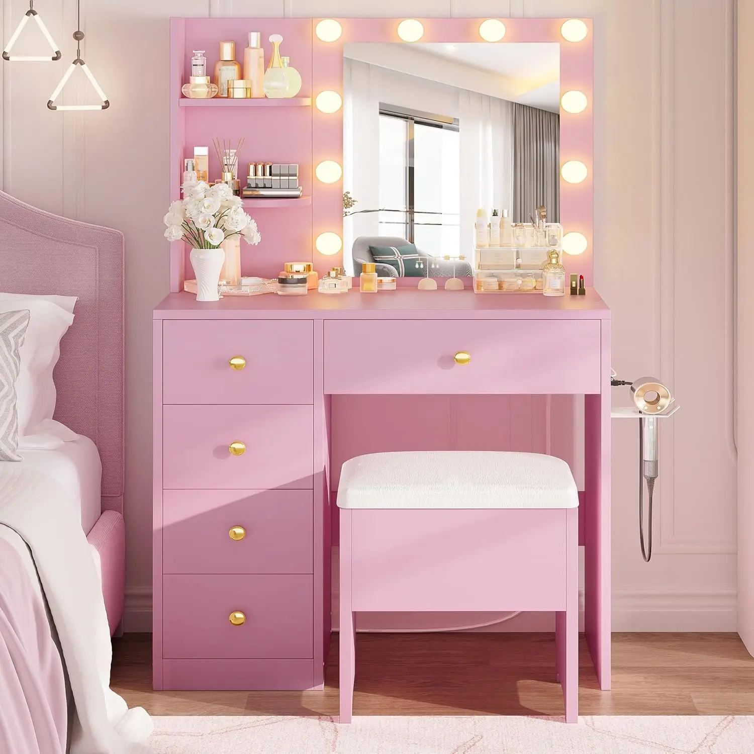 맞춤형 IRONCK 화장대(거울 및 조명 포함), 소형 화장대(서랍 5개), 여성 및 소녀용 화장대