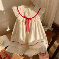 Robe exquise pour petites filles, col en dentelle à volants, garnie de ruban rouge, dentelle à pois rouge découpée, broderie sur la jupe pour enfants 1