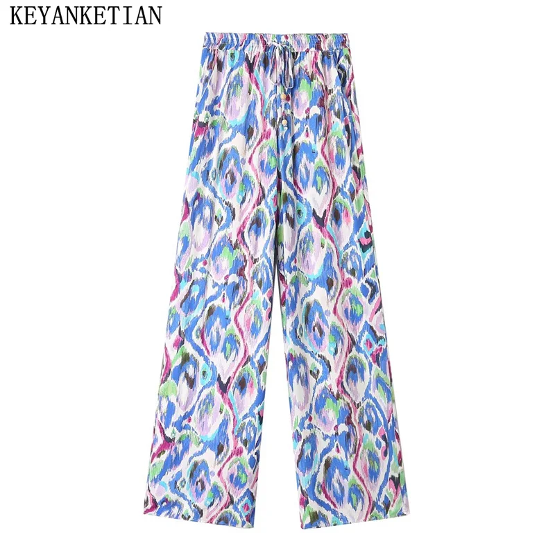 

KEYANKETIAN Holiday Style Blue Tie-Dye Printed Stretch Tied High-Waisted Pants Women's Loose Straight-Leg Pants Long Trousers