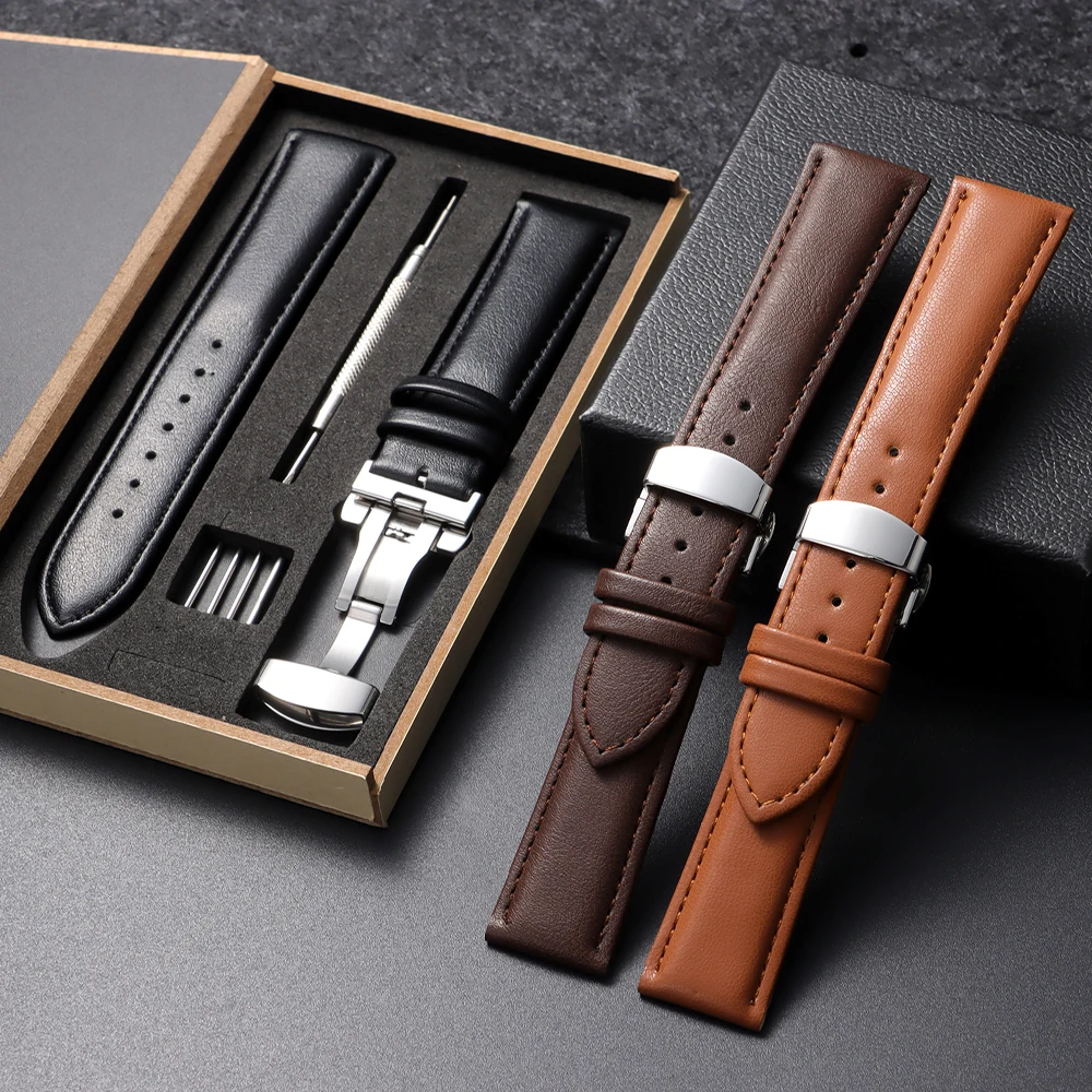 Elegant PU Leather Watch Strap with Butterfly Buckle - Business Edition