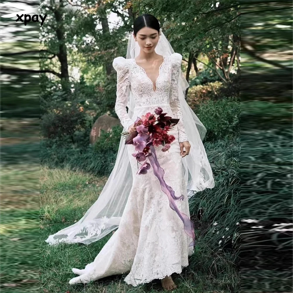 

XPAY Long Sleeves Korean Mermaid Wedding Dresses Illusion Backless Bride Dress V Neck Lace Appliques Photo Shoot Bridal Gowns