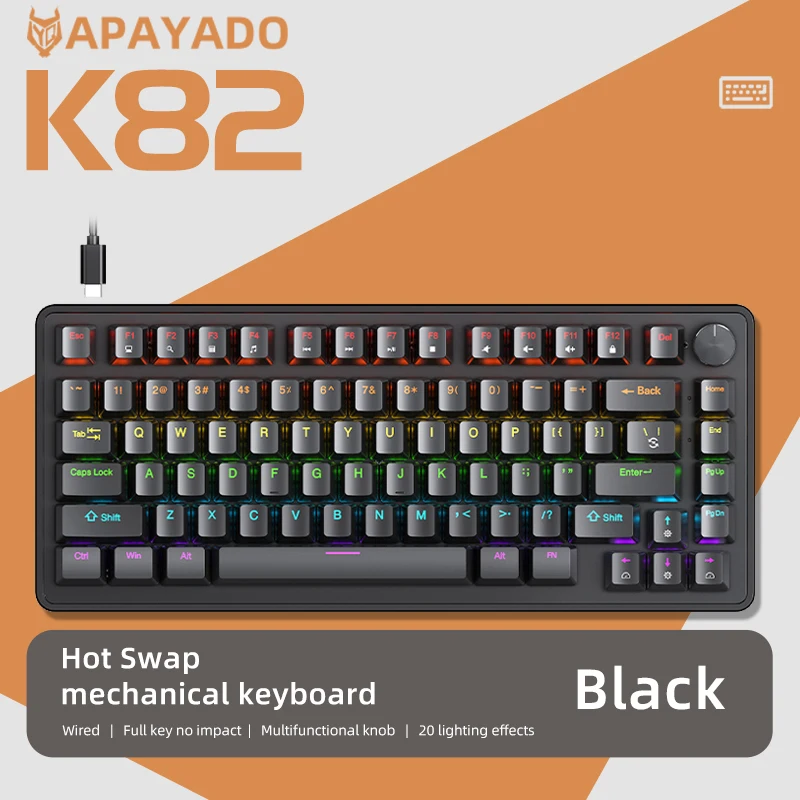 75% メカニカルキーボード有線メディアノブ、APAYADO ブラックゲーミングキーボード、ホットスワップ、ABS キャップ透明文字バックライト