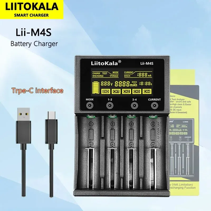 Cargador de batería multifuncional LiitoKala Lii-M4S 18650 LCD para 3,7 V 1,2 V 26650 21700 14500 18350 17500 AA AAA A C y otros