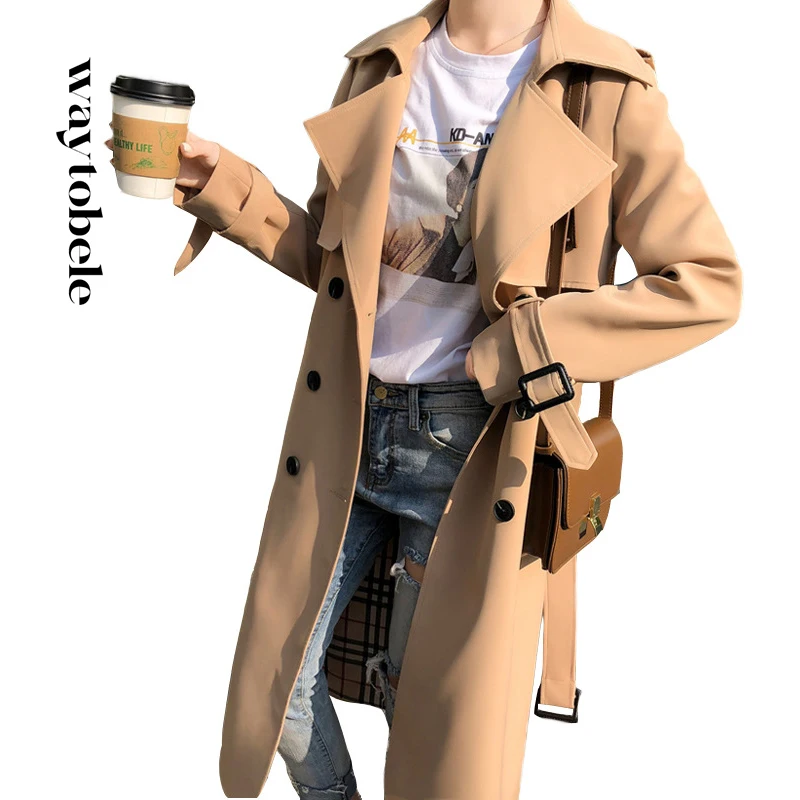 

Waytobele Women Coat Autumn Fashion Temperament Trench Mid-Length Lapel Solid Loose Double Row Button Lace Up Overcoat Tops