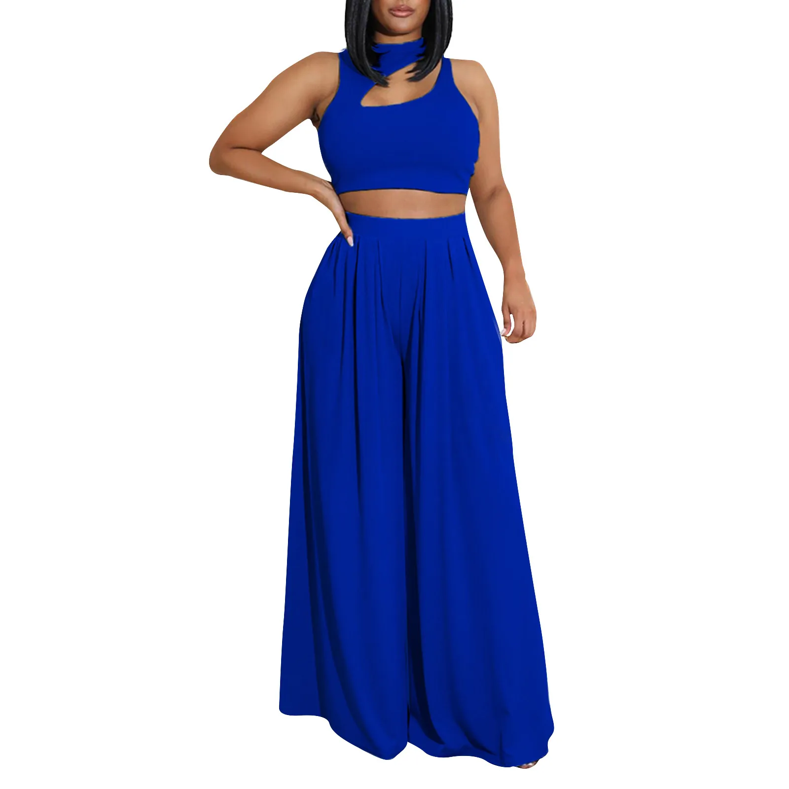 

Women 2 Piece Outfits Spring Summer Tracksuits Mock Neck Sleeveless Cutout Wide Leg Long Pants Sweatsuits костюм женский