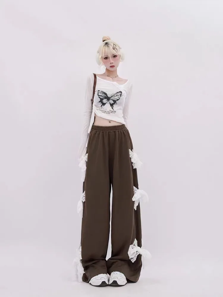 HOUZHOU Y2k Kawaii Sweet High Waist Wide Leg Pants Korean Style Fashion Streetwear Bow Bandage Loose Sweatpant Soft Gril 2024
