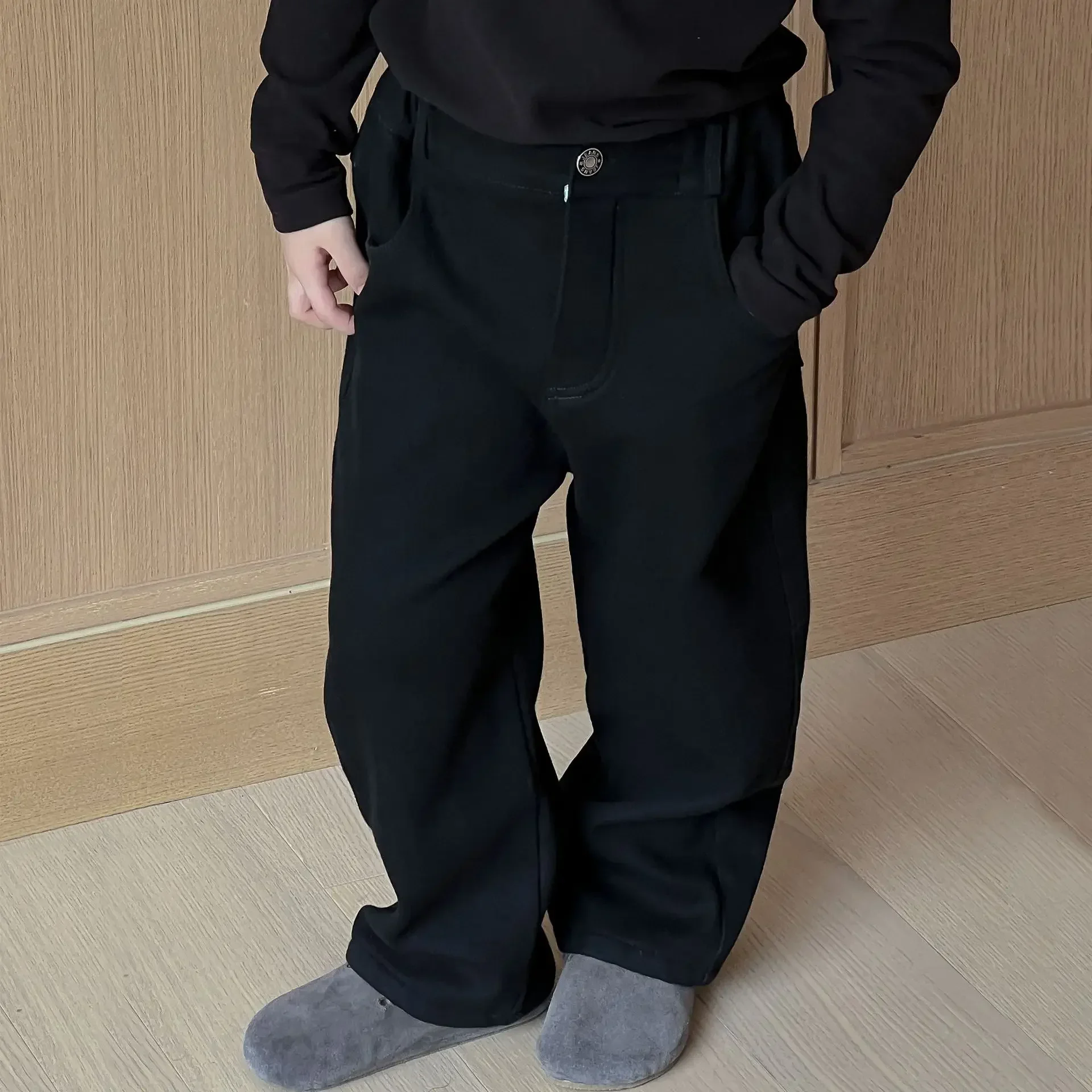 

Kid Pants 2023 Autumn and Winter New Korean Boys Black Plus Fleece Integrated Fleece Micro-elastic Straight Leg Jeans Pants