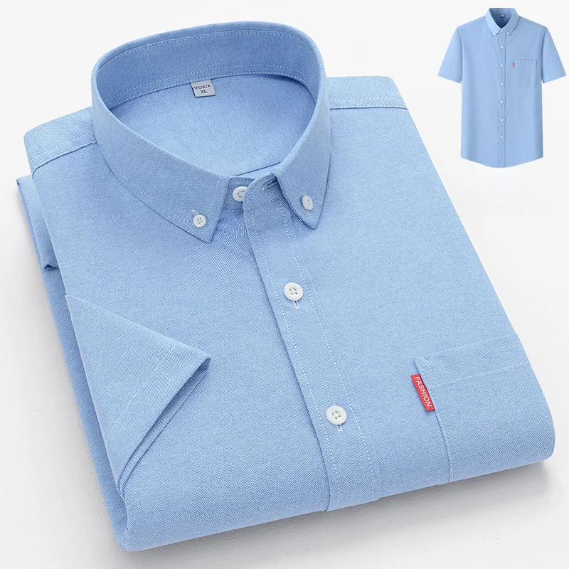 100% Cotton Basic Shirt for Men Short Sleeve Summer Casual Solid Business Oxford Yellow White Regular Fit Social Man Clothing 2
