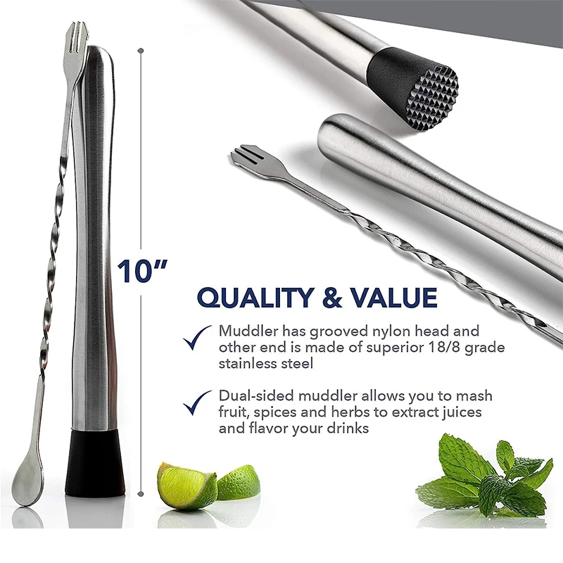 10 Inch Stainless Steel Cocktail Muddler and Mixing Spoon Professional Bar Cocktail Muddler Set for Mojitos JT201 cocktail spoon cocktail muddler