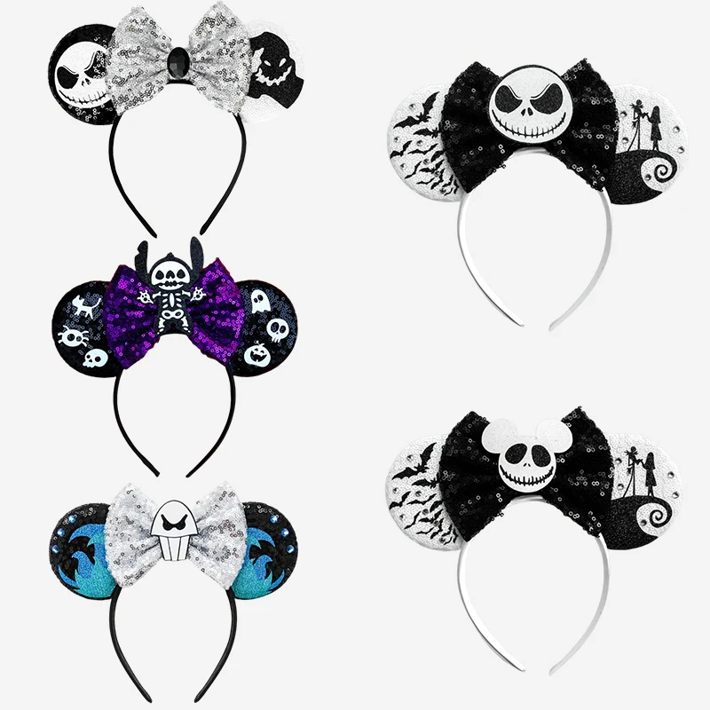 Mickey Mouse Skull Headband Girls All Hallows' Day Hairband Kids Sequins Bow Headwear Women Disney Halloween Hair Accessories