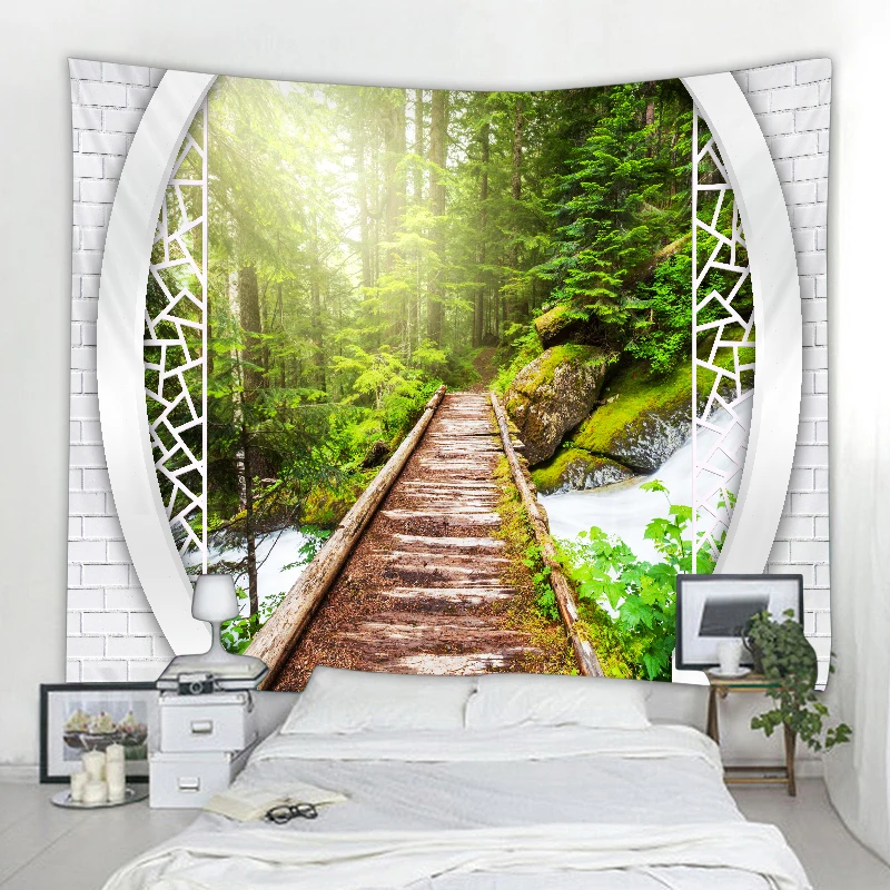 Wunderschöner Natur-Wasserfall-Wandteppich, Walddruck, Meereslandschaft, Hippie-Wandbehang, böhmischer Wandteppich, Mandala, Heimdekoration – Detail 3