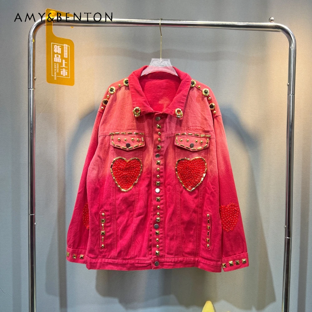 2023 Autumn Winter Denim Jacket Design Heavy Industry Gradient Rhinestone Sequined Love Loose Jeans Coat Top Chaquetas De Mujer