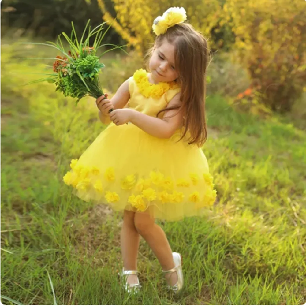 

Flower Girl Dresses Cute Kid Sleeveless Butterfly Yellow Costumes Birthday Gown Child Party First Communion Dress Ball