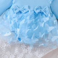 0-18M Baby Dress With Headband Long Sleeve Blue Flower Dress Infant Party Dresses Bow Floral Mesh for Newborn Birthday Party 4